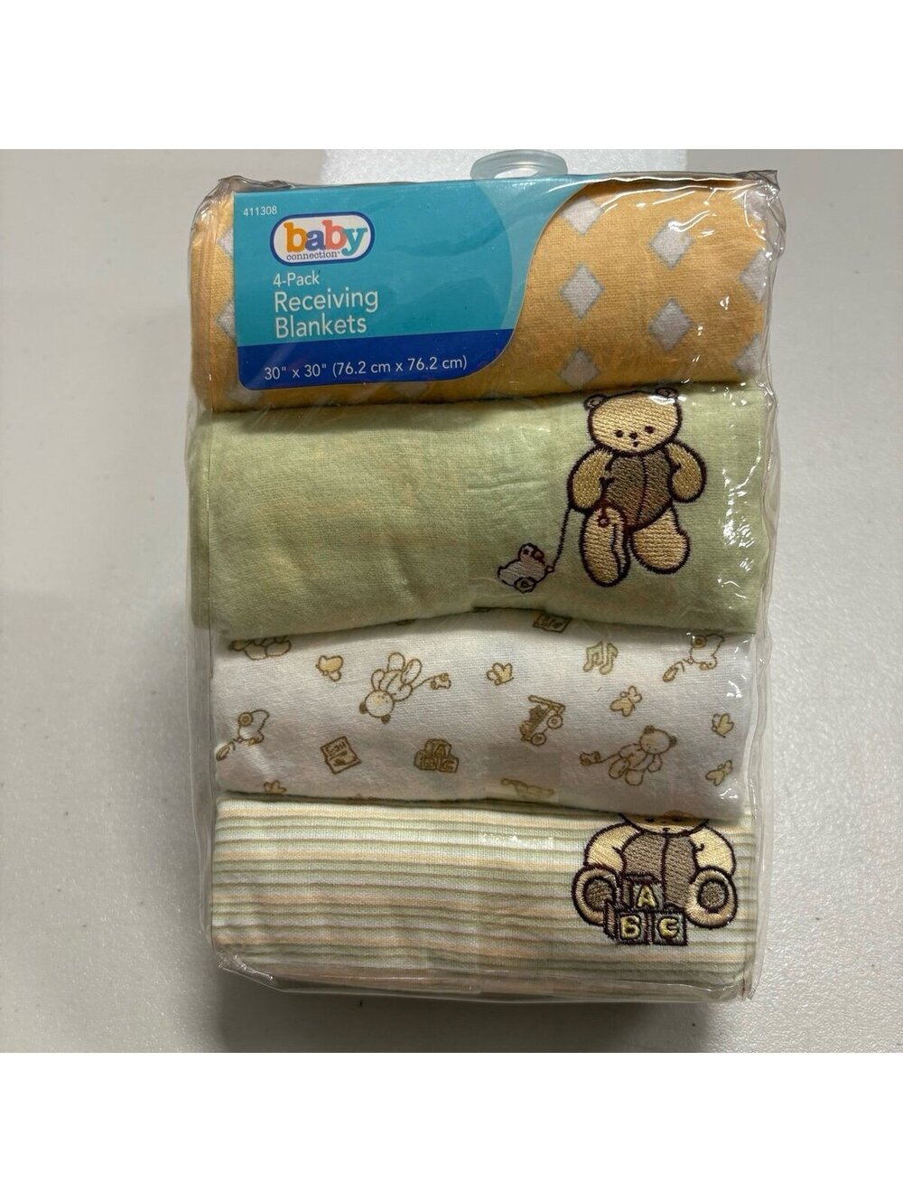 Baby Connection 4-Pack Cotton Flannel Receiving Blankets Teddy Bear 30x30 NEW